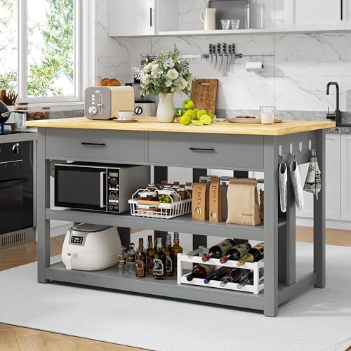 47.3" Solid Rubberwood Kitchen Island with Power Outlets, Grey E752