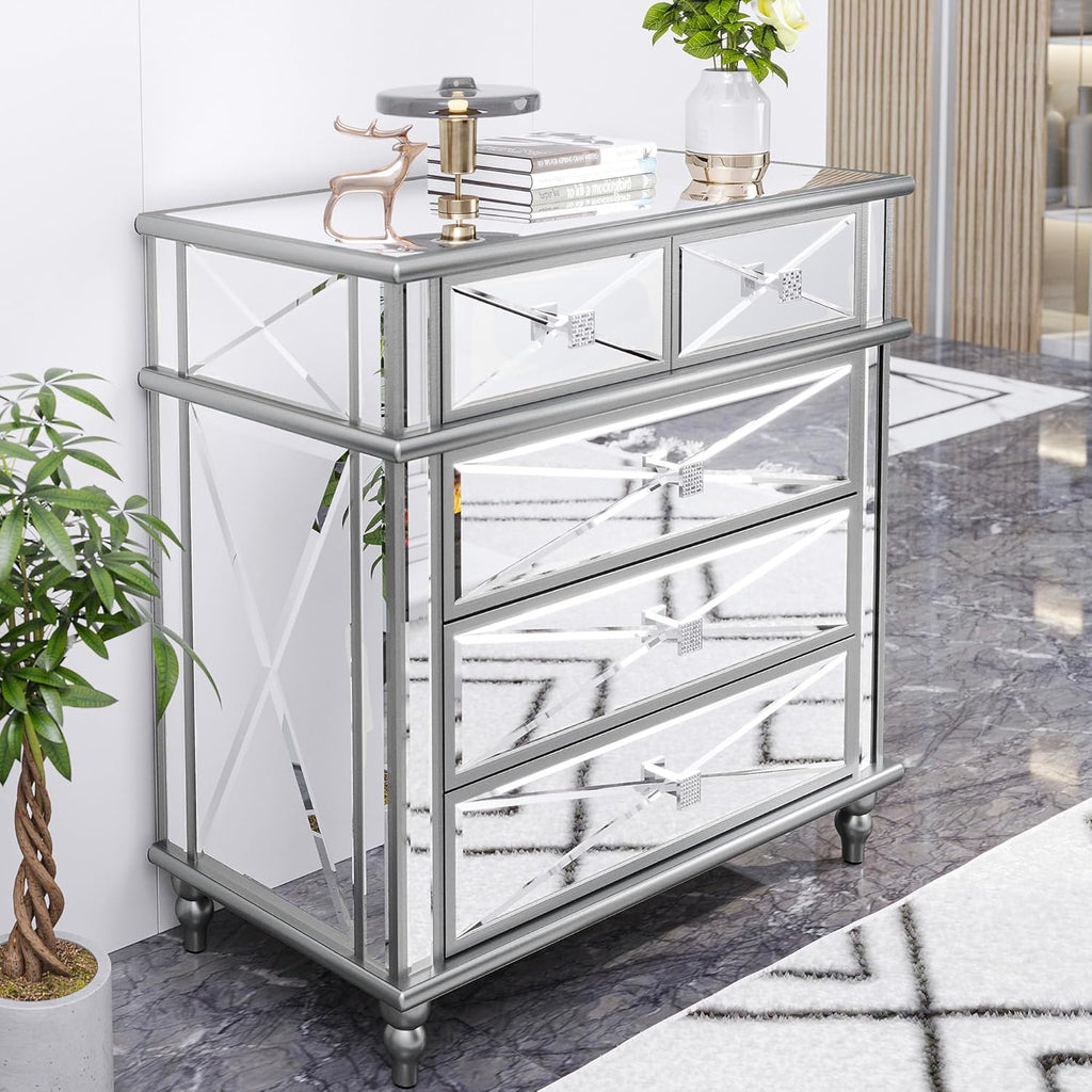 DWVO Silver Mirrored 5 Drawer Dresser for Bedroom with Wood Legs N450767