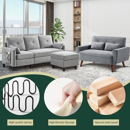 77" Convertible Sectional Sofa Set, L Shaped 3-Seat Couch with Reversible Chaise, Light Grey C552