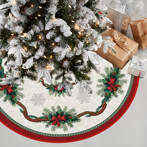 Christmas Tree Skirt 36 Inches with Ribbon Holly, Winter Xmas Tree Mat M27278