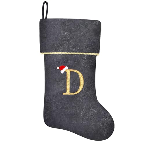 20 Inches Initial Monogram Blue Velvet Christmas Stocking with Gold Trim U394