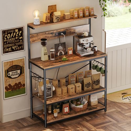 SUPERJARE Kitchen Bakers Rack with Power Outlet, Coffee Bar Table, Rustic Brown W637