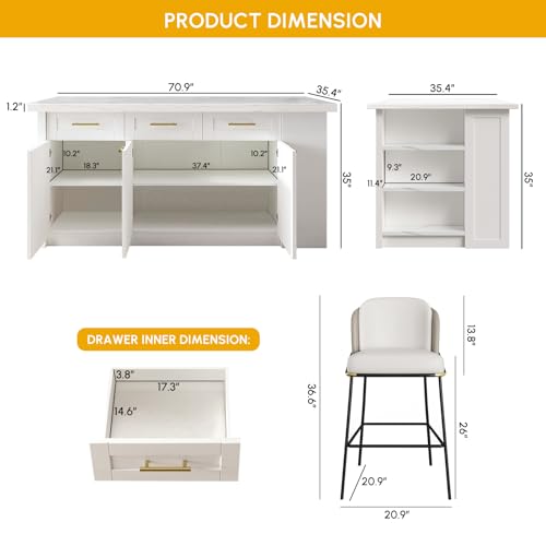 homary 72" Kitchen Island with Storage, White Dining Table with Seating & 3 Drawers H6352