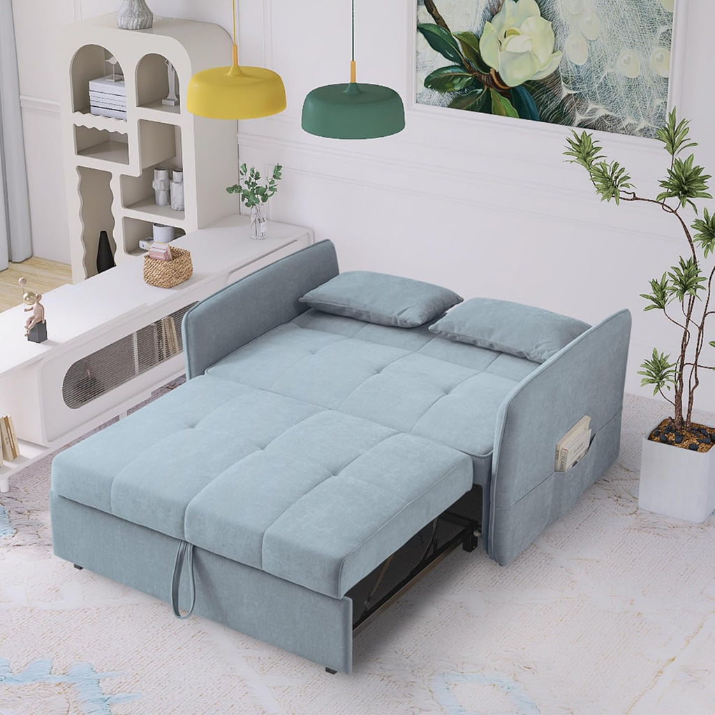 Chenille Fabric 3-in-1 Double Sofa Bed with Pull-Out Bed, Bluish Grey Q8445