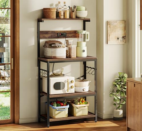 SUPERJARE Kitchen Bakers Rack with Power Outlet, Coffee Bar Table, Rustic Brown W637