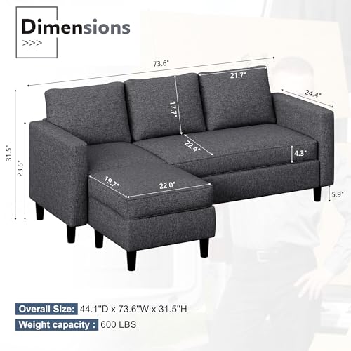 JAMFLY Sectional Sofa Couch 3-Seat L-Shaped with Chaise, Dark Beige S630076