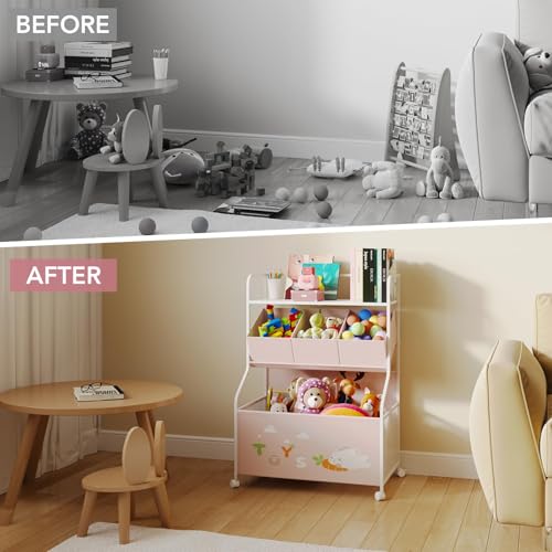 BBLIKE Toy Storage Organizer with Wheels 3-Tier Kids Toy Box White Q363830