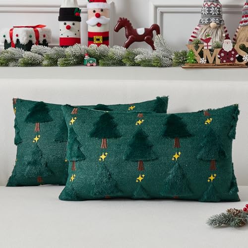 UGASA Star Christmas Decorative Pillow Covers 18x18 Inch Set of 2 Dark Green Q9265