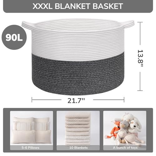 INDRESSME Large Cotton Rope Storage Basket with Handles, 90L Grey R37552