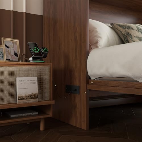 KEIKI Queen Murphy Bed Cabinet with Charging Station & Rattan Design S457376