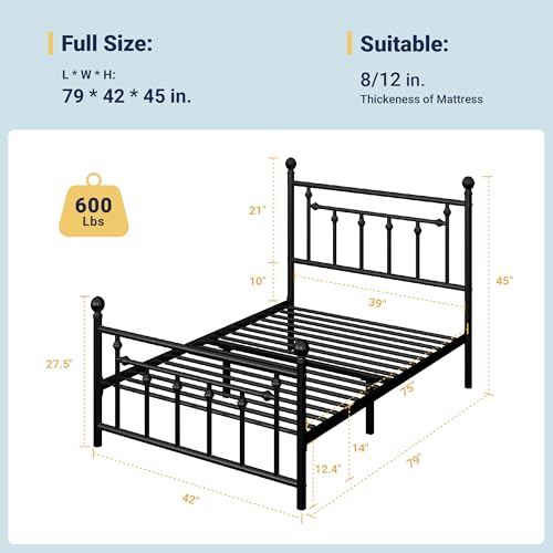 Allewie 14 Inch Full Size Metal Platform Bed Frame with Victorian Headboard, Black E84939
