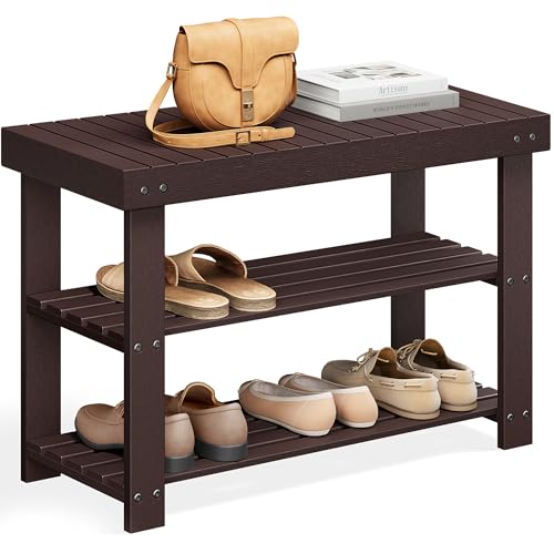 SONGMICS 3-Tier Bamboo Shoe Rack Bench, Entryway Storage, Ink Black X802