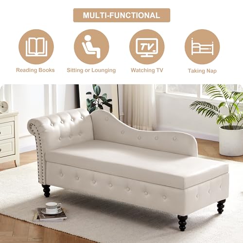 Tufted Velvet Chaise Lounge with Storage, Beige Y118