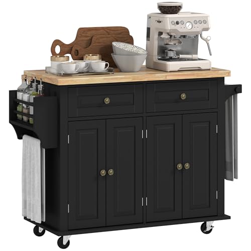 HOMCOM Kitchen Island on Wheels with Rubberwood Top, Navy Blue X7812