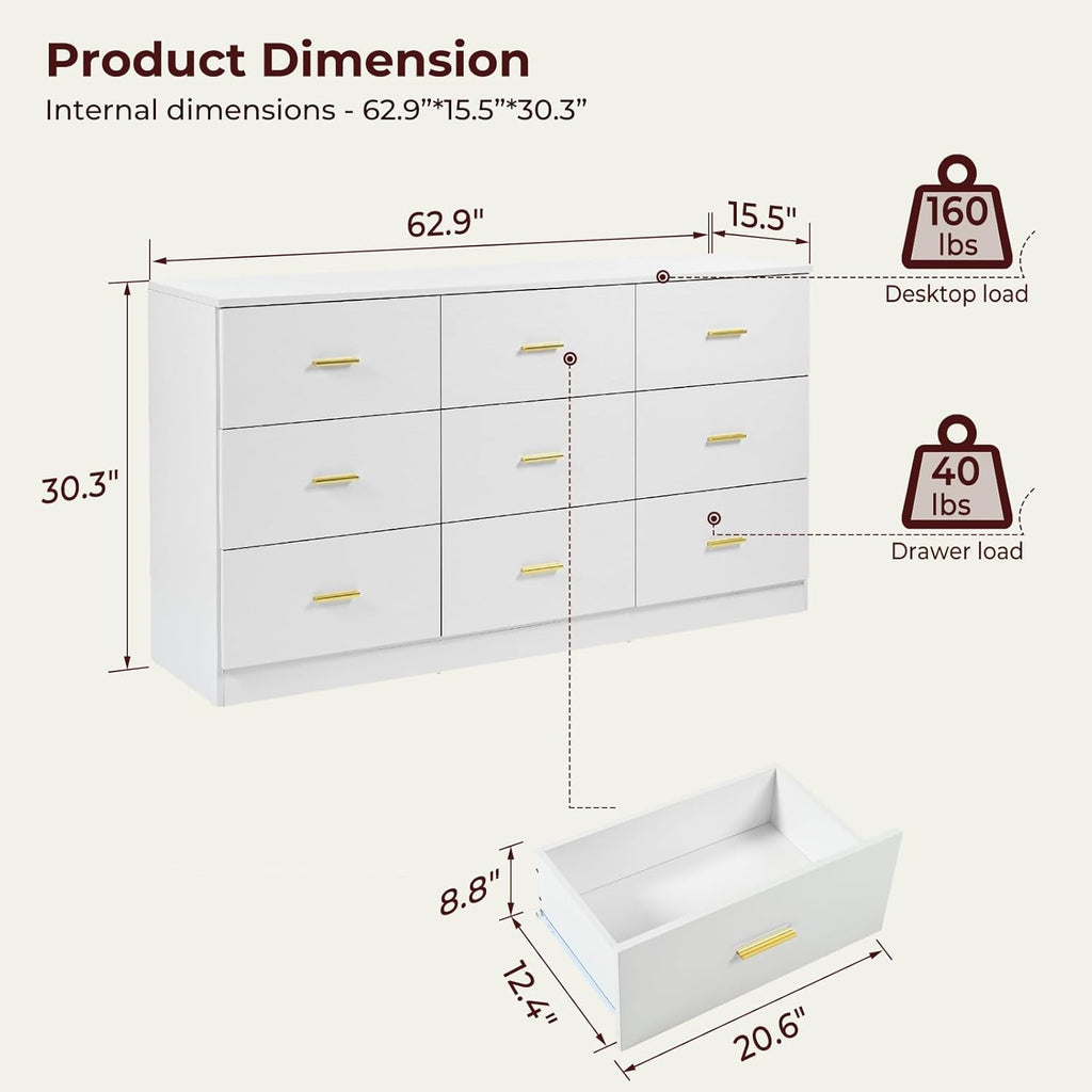 White Dresser for Bedroom with 9 Drawers, Modern TV Stand, Wooden Top, 63" M5379