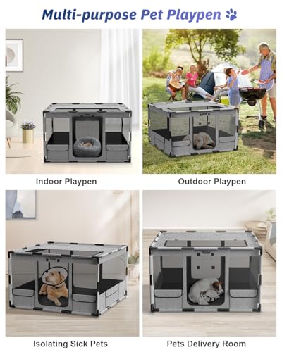 Dog Playpen 43x43x26 Inches Portable with Top Cover, Gray A364