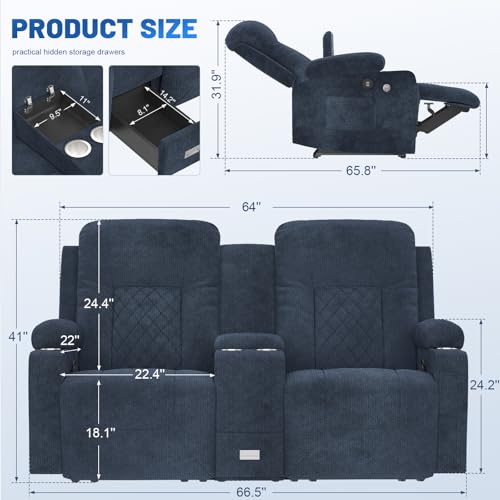 YONISEE Fabric Loveseat Recliner with Storage Console and USB Ports, Grey H759