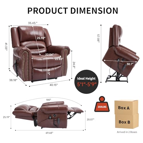 Dual Motor Power Lift Recliner Chair with Massage and Heat, Faux Leather, Brown V8458