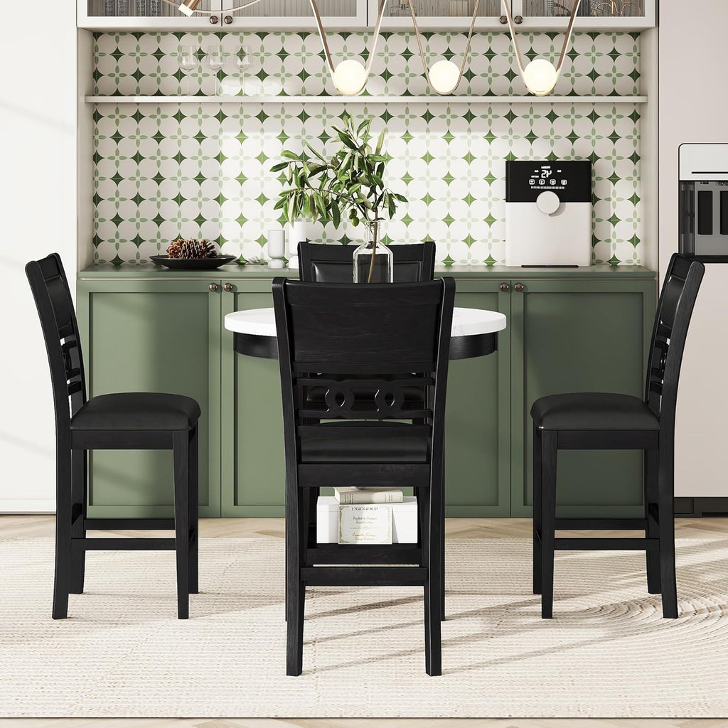 5-piece Counter Height Dining Table Set with Faux Marble Top and PU-leather Chairs, Dark Espresso U620443