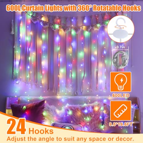 600LED Curtain Lights for Bedroom, Warm White, 8 Modes Y367582
