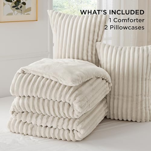 Bedsure Fluffy Faux Fur Comforter Set King Cream White, 3 Pieces R124