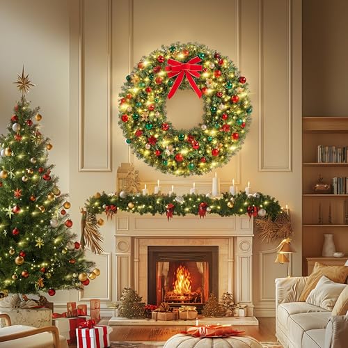Yaheetech 48in Pre-lit Artificial Christmas Wreath with Red Bow, 200 LED Lights Y257427