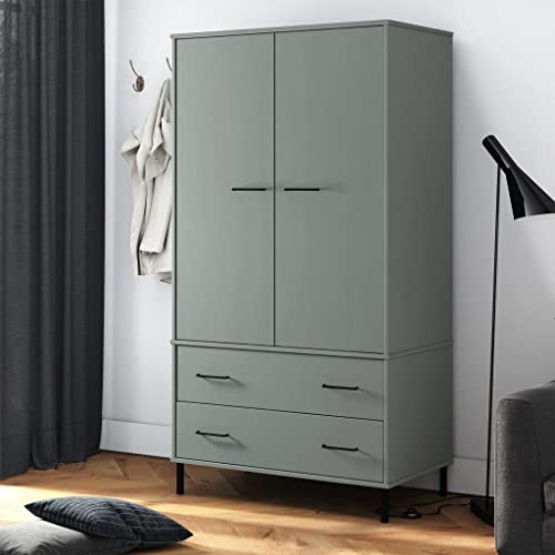 Wardrobe with Metal Legs Gray 35.4"x21.7"x67.9" Solid Wood OSLO,Compact Pine Wood Wardrobe with Ample Storage Space and Stylish Design for Home Armoires & Wardrobes, Bedroom Cabinets & Storage