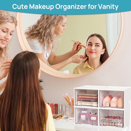 Vtopmart 4 Pack Clear Stackable Storage Drawers for Bathroom Makeup Organizer D5159