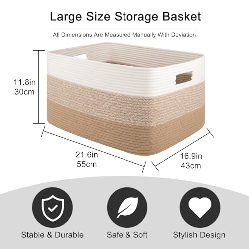 OIAHOMY Large Rectangle Woven Blanket Basket with Handle, Gradient Blue B58762