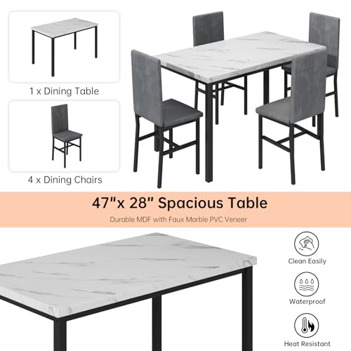 Hooseng Dining Table Set for 4, Faux Marble Tabletop & PU Leather Chairs, Brown & White O605