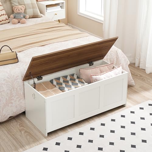 HOOBRO Storage Bench, 39.3" Retro Wooden Chest with Lift Top, White and Walnut C2921