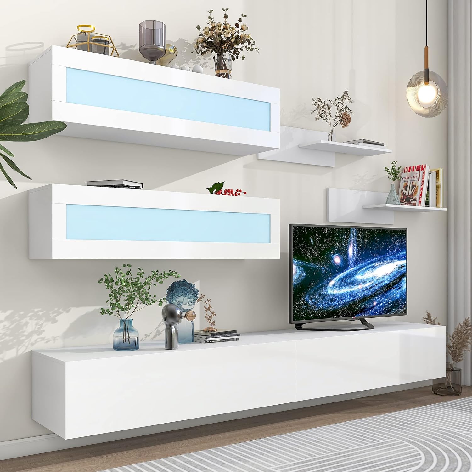 Modern High Gloss Wall Mount TV Stand with 4 Cabinets and 2 Shelves G7906