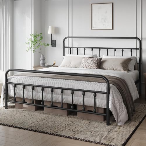 Yaheetech Classic Metal Platform Bed Frame with Victorian Headboard, Full Size Black T81083