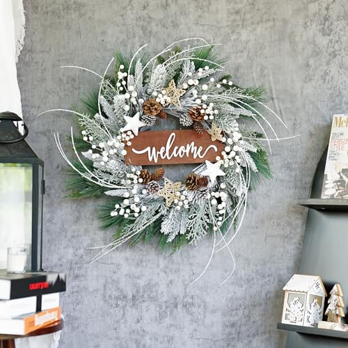 Pinkpuii 24 Inch Artificial Christmas Wreath with Pinecones and Welcome Sign for Front Door H758994