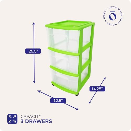 HOMZ 3-Tier Clear Plastic Storage Organizer Cart with Wheels, Black Frame M4715