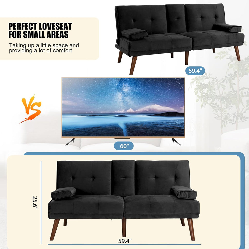 Shintenchi 60" Small Loveseat Convertible Sofa Bed, Black Q525571