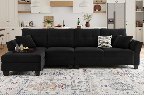 Belffin Velvet Sectional Couch L Shaped Sofa 4 Seater Sofa with Chaise L-Shaped Couches Convertible Sectional Sofa Black