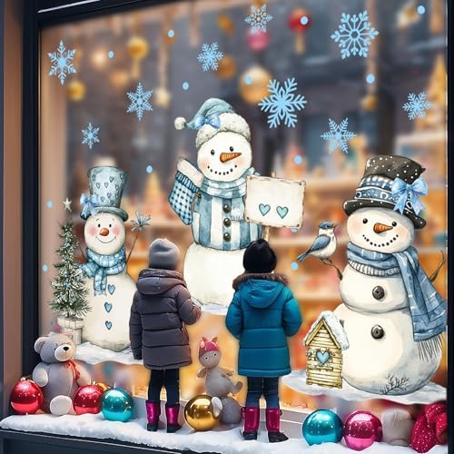 Whaline Extra Large Christmas Window Clings Blue Snowman Snowflake Stickers for Winter Home Decor E40757