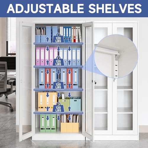 Metal Storage Cabinet with Doors and Shelves, 71" Locking Steel, White L799