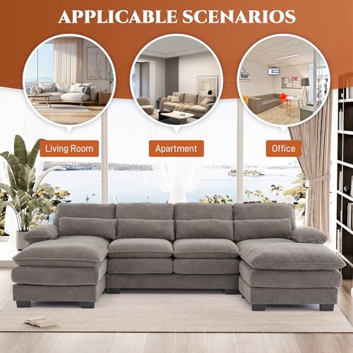 OUYESSIR 114" U-Shape Sectional Sofa with Ottoman & Pillows, Beige White K996625