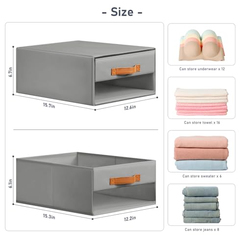 DIMJ Closet Organizers and Storage - Fabric Bins with Drawers, Stackable, 4-Pack, Grey G8366