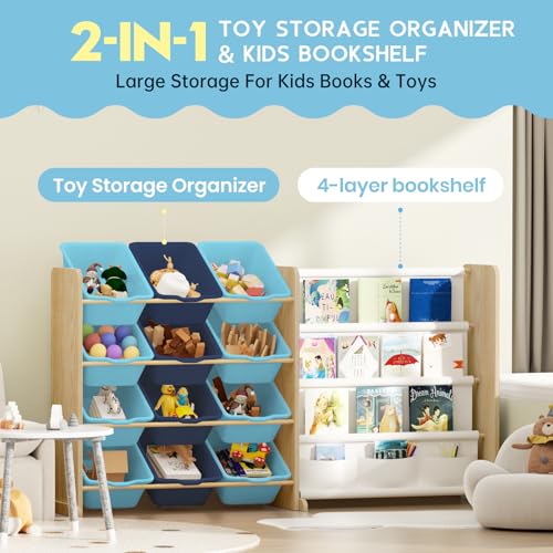 Kids Toy Storage Organizer with Bookshelf, 12 Bin, 4 Shelf, Burlywood E313566