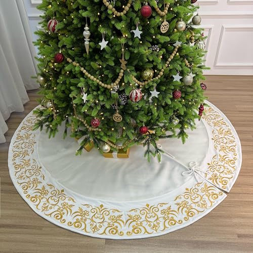 Burgundy Victorian Velvet Christmas Tree Skirt with Gold Damask Embroidery Q6345