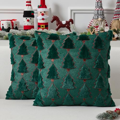 UGASA Star Christmas Decorative Pillow Covers 18x18 Inch Set of 2 Dark Green Q9265