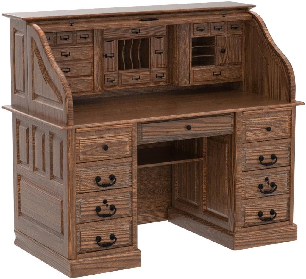 Roll Top Desk Solid Oak Wood 54 Inch Executive with Hutch G2526