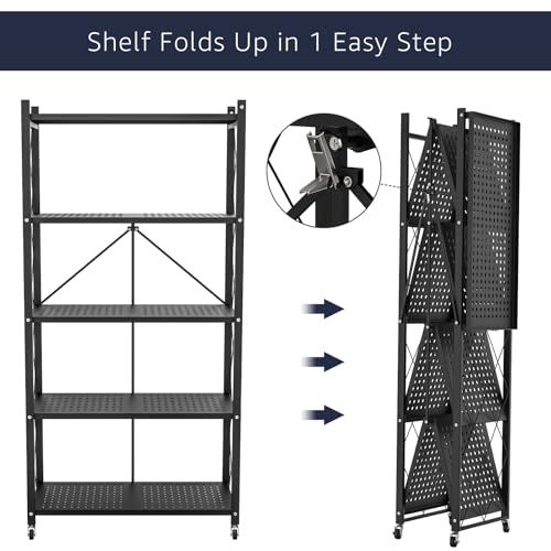 4-Tier Foldable Storage Shelf with Wheels, Metal Rolling Cart, Black J204857