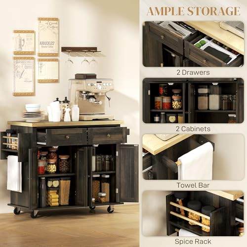HOMCOM Kitchen Island on Wheels with Rubberwood Top, Navy Blue X7812