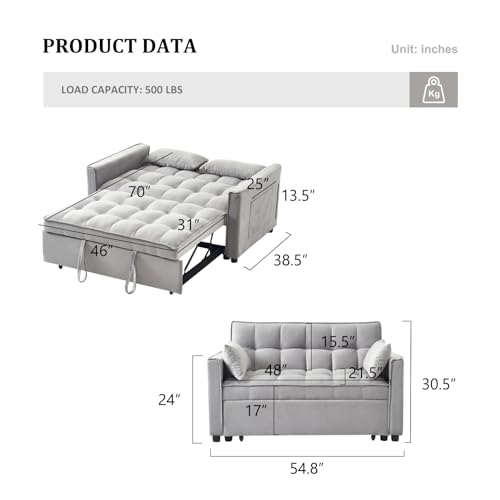Sleeper Sofa Bed 3 in 1 Convertible Couch with Adjustable Backrest, Grey C377667