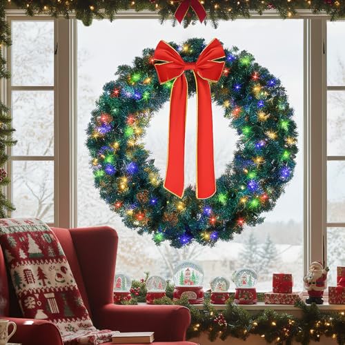 VINGLI 48 Inch Pre-lit Artificial Christmas Wreath with 150 LED Lights T885