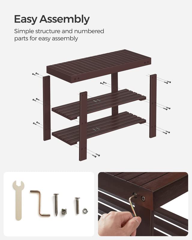 SONGMICS 3-Tier Bamboo Shoe Rack Bench, Entryway Storage, Ink Black X802